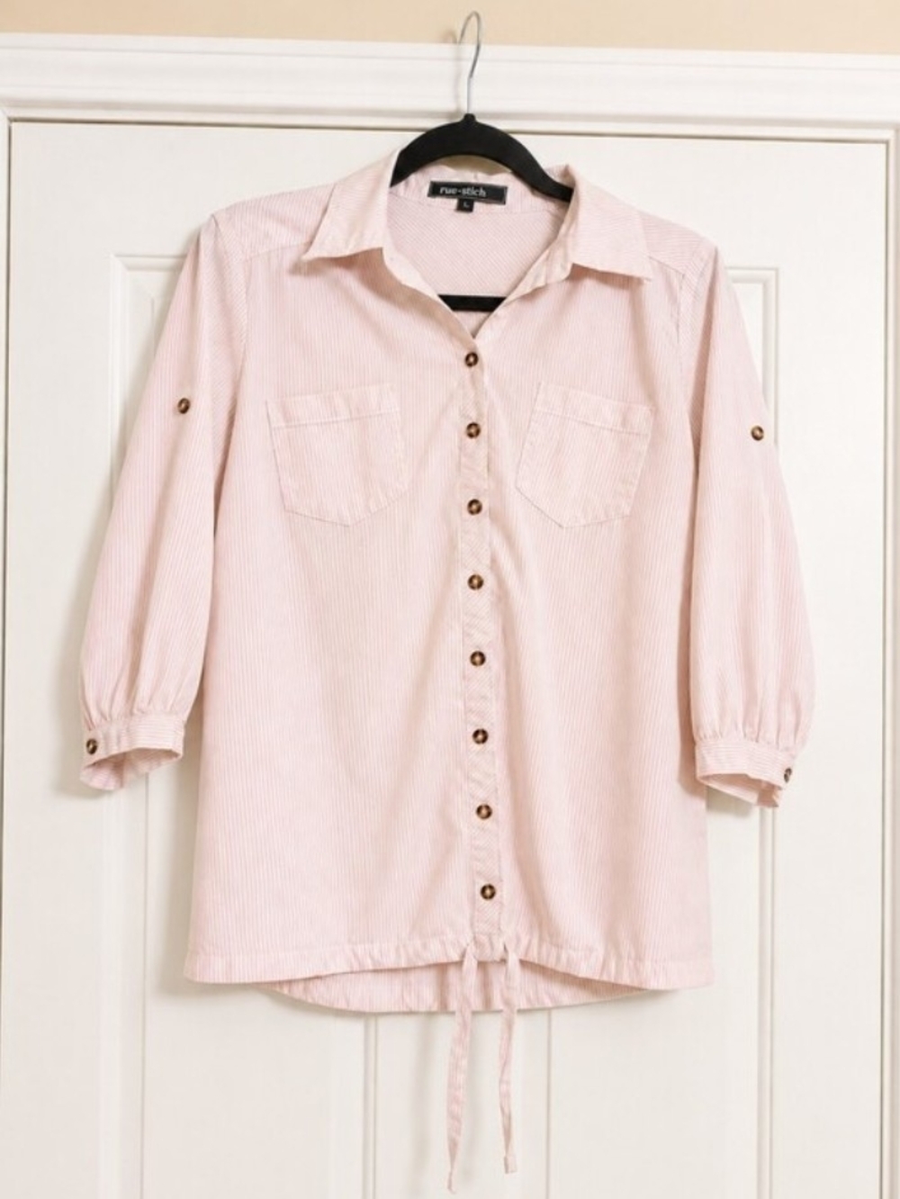 Pink Striped Button Down Blouse Roll Tab Sleeve Drawstring Cottagecore Coquette